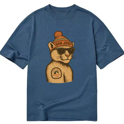 San Jose Mountain Lion wearing San Jose beanie with pom pom and wayfarer - Classic T-shirt - Twilight Navy(Blue)