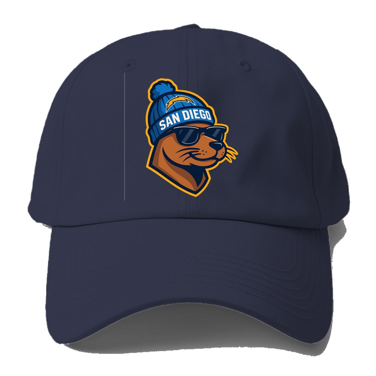 San Diego Sea Lion wearing Chargers beanie with bolt patch and wayfarer sunglasses - Baseball Cap - Twilight Navy(Blue)