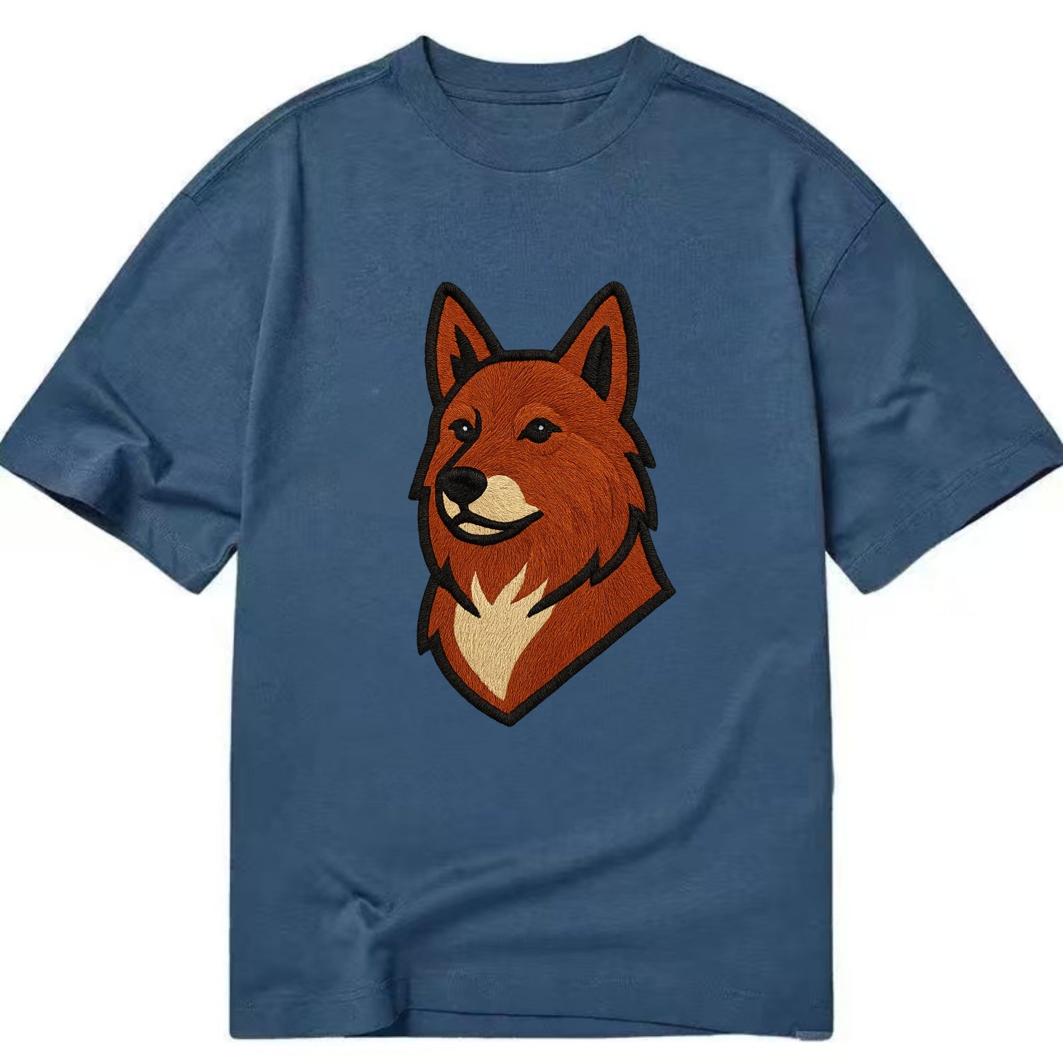 Finnish Spitz - Fox-red pointed ears embroidered pose - Classic T-shirt - Twilight Navy(Blue)