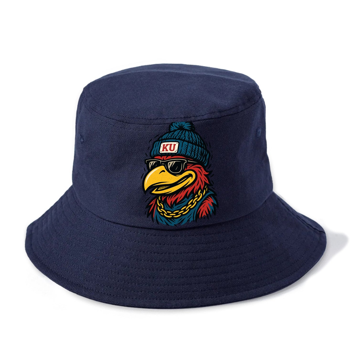 Lawrence Jayhawk wearing Kansas beanie with KU patch - Bucket Hat - Twilight Navy(Blue)