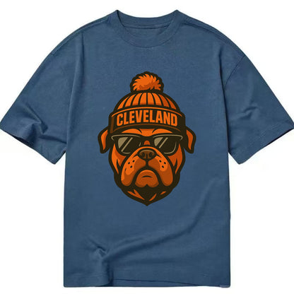 Cleveland Bulldog wearing Browns orange and brown beanie with pom pom and - Classic T-shirt - Twilight Navy(Blue)