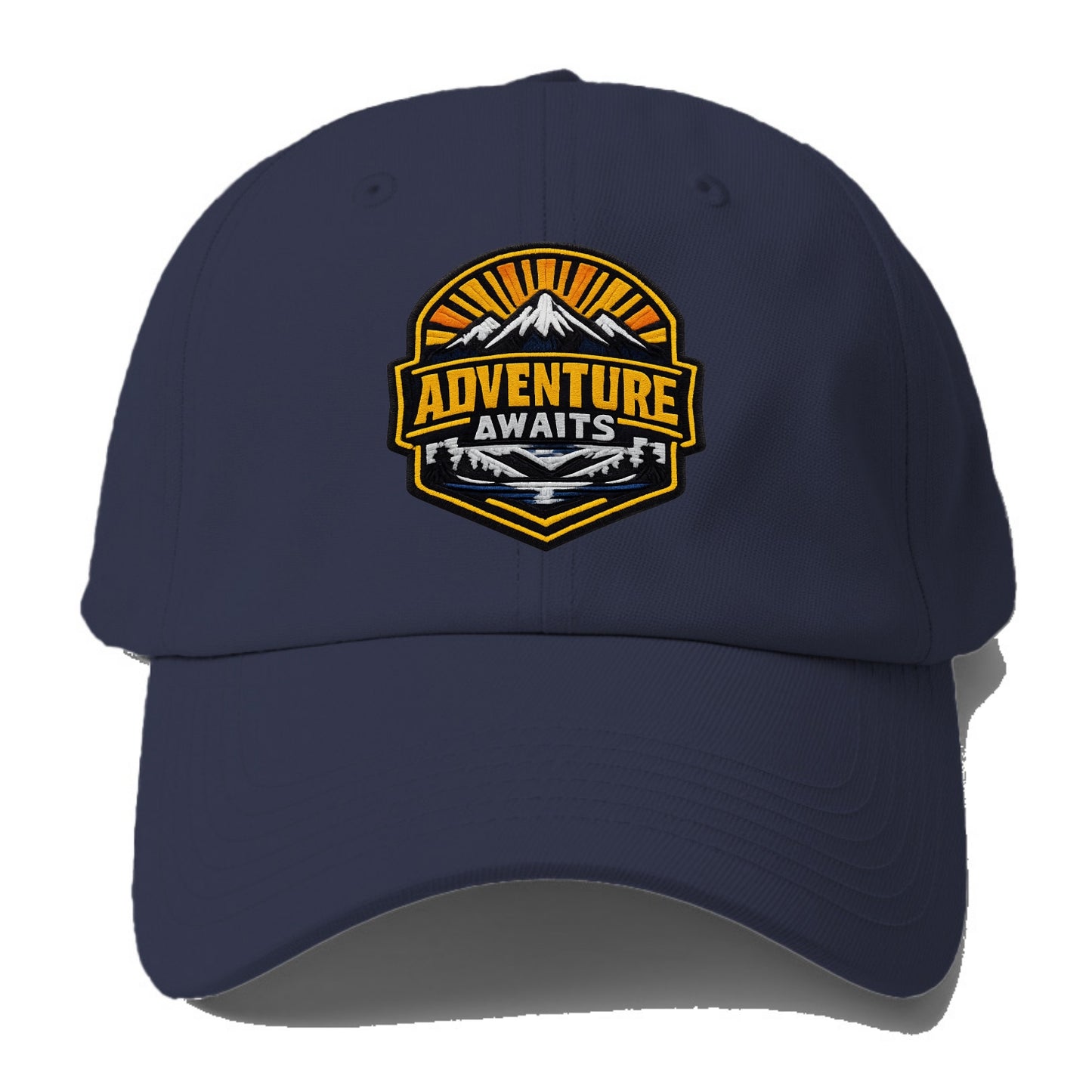 ADVENTURE AWAITS - mountain sunrise with text in gold and blue , wanderlust - Baseball Cap - Twilight Navy(Blue)