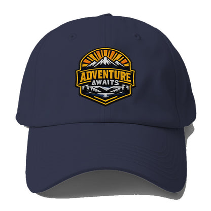 ADVENTURE AWAITS - mountain sunrise with text in gold and blue , wanderlust - Baseball Cap - Twilight Navy(Blue)