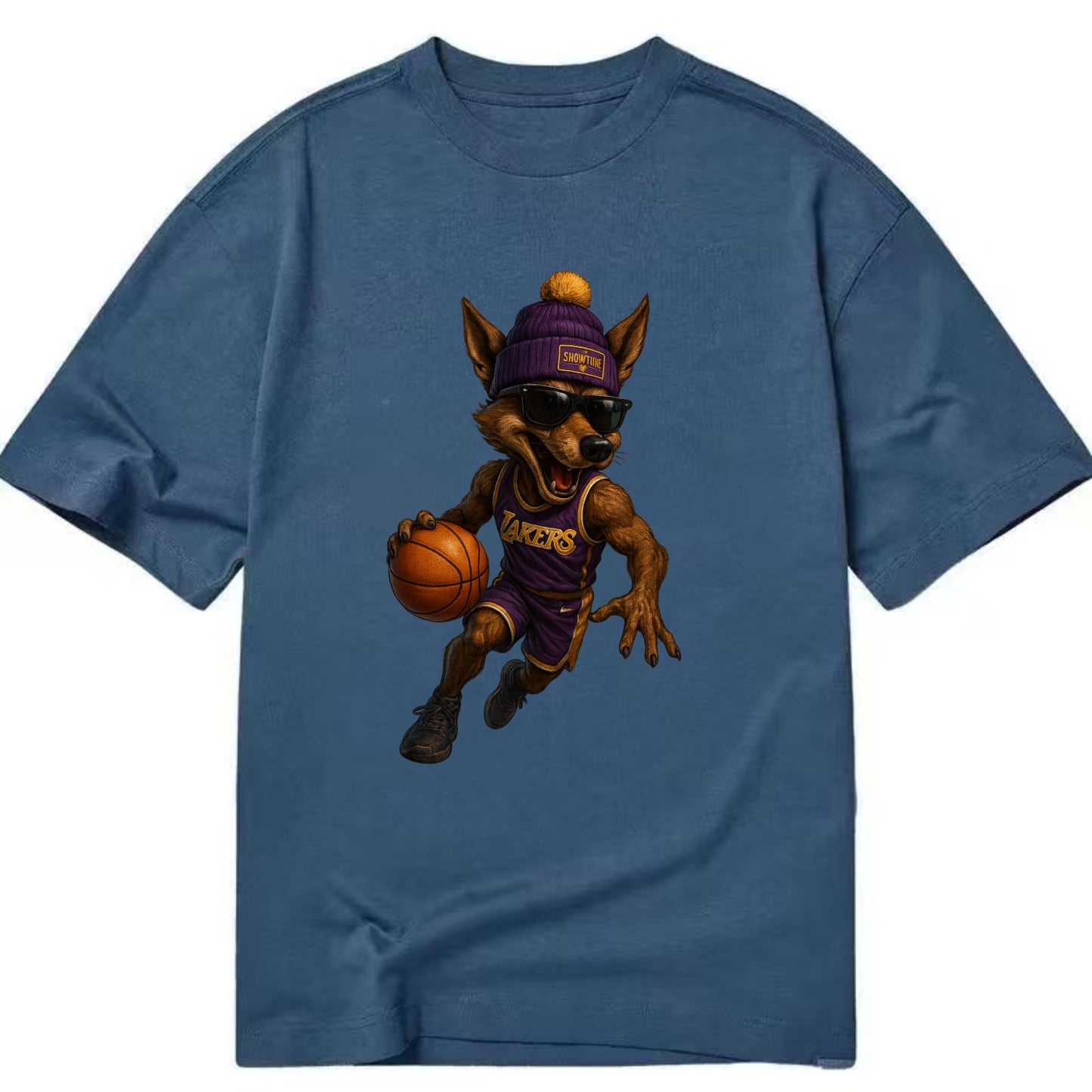 Hollywood Coyote wearing Lakers beanie with Showtime patch and wayfarer sunglasses - Classic T-shirt - Twilight Navy(Blue)