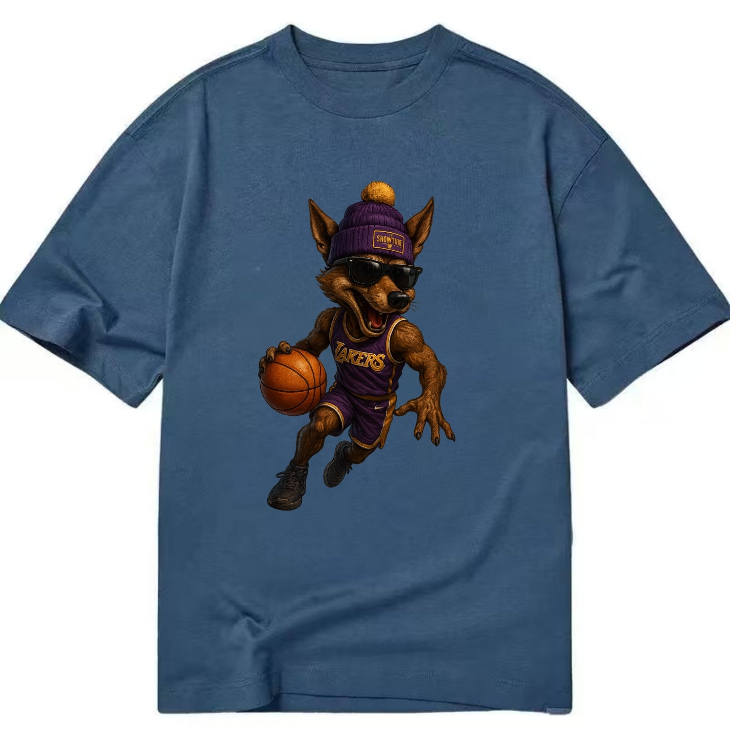 Hollywood Coyote wearing Lakers beanie with Showtime patch and wayfarer sunglasses - Classic T-shirt - Twilight Navy(Blue)