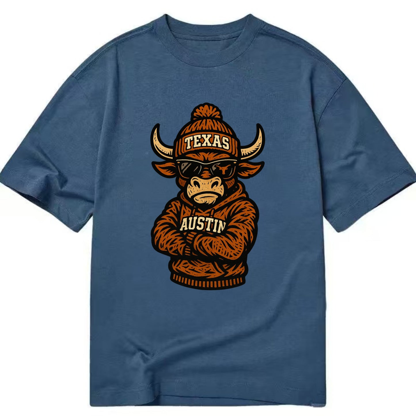 Austin Bevo wearing Texas beanie with longhorn patch - Classic T-shirt - Twilight Navy(Blue)