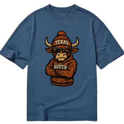 Austin Bevo wearing Texas beanie with longhorn patch - Classic T-shirt - Twilight Navy(Blue)
