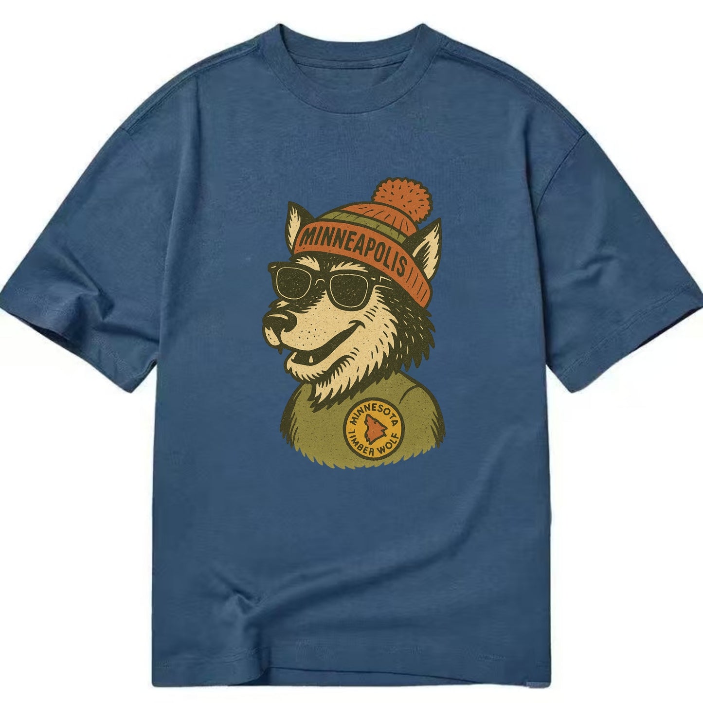Minnesota Timber Wolf wearing Minneapolis beanie with pom pom and wayfarer - Classic T-shirt - Twilight Navy(Blue)