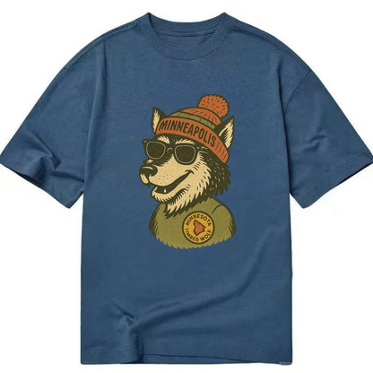 Minnesota Timber Wolf wearing Minneapolis beanie with pom pom and wayfarer - Classic T-shirt - Twilight Navy(Blue)
