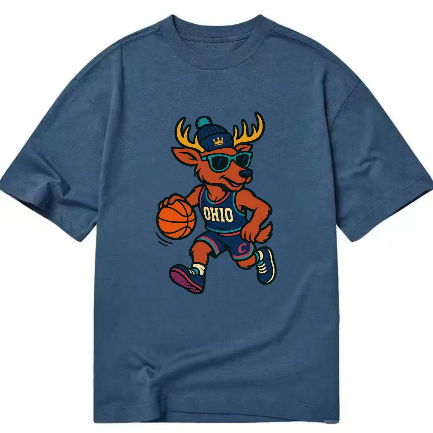 Ohio Deer wearing Cavs beanie with crown patch and wayfarer sunglasses - Classic T-shirt - Twilight Navy(Blue)