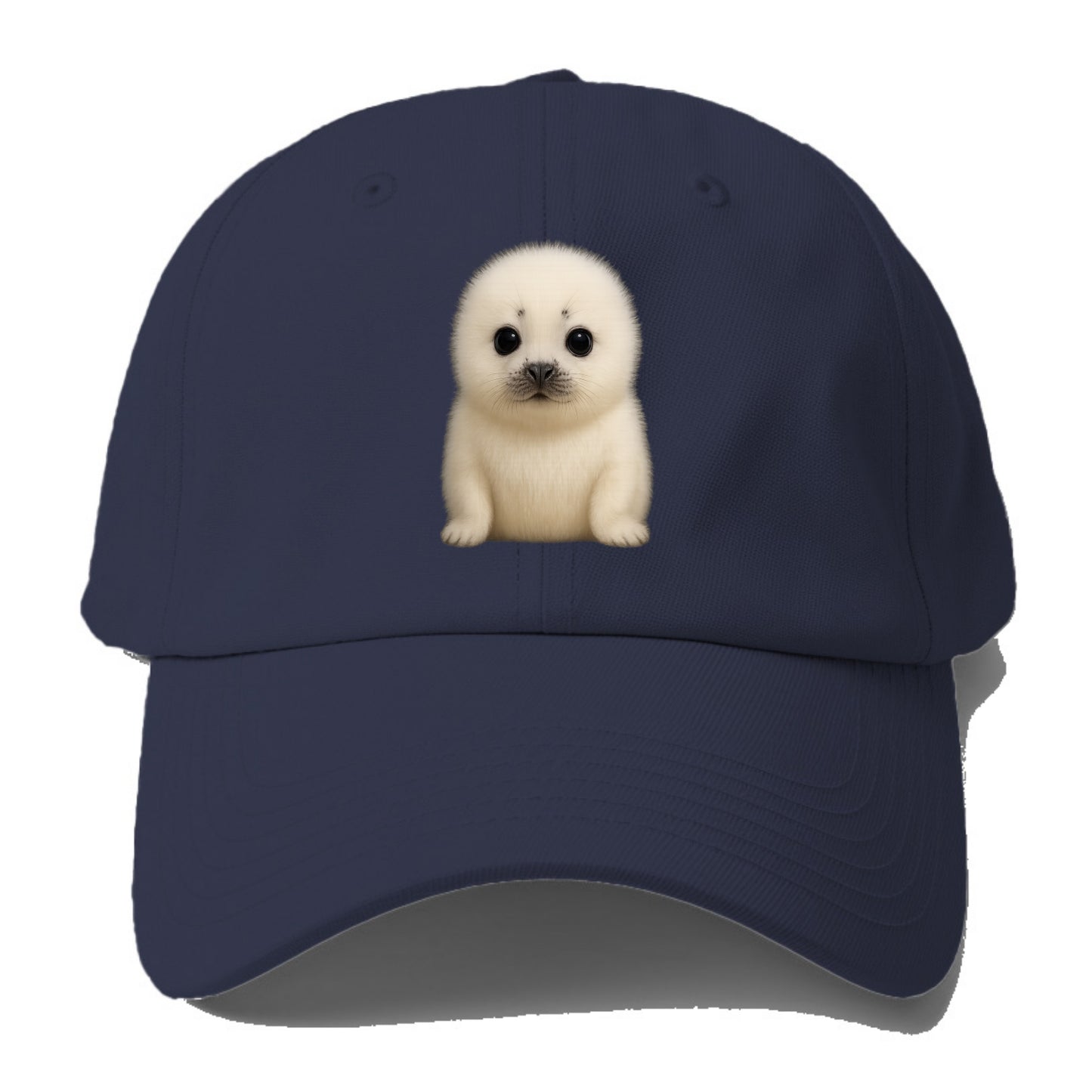 Baby Harp Seal - pure white fluffy fur, enormous dark eyes, front-facing, iconic cute - Baseball Cap - Twilight Navy(Blue)