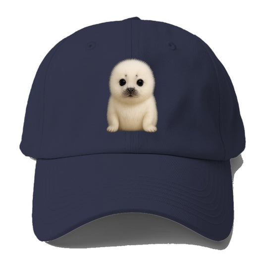 Baby Harp Seal - pure white fluffy fur, enormous dark eyes, front-facing, iconic cute - Baseball Cap - Twilight Navy(Blue)