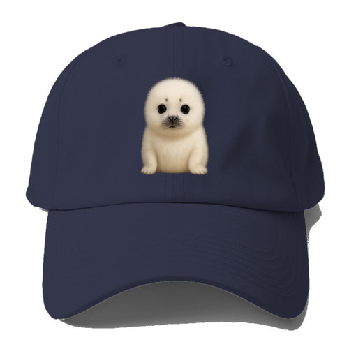 Baby Harp Seal - pure white fluffy fur, enormous dark eyes, front-facing, iconic cute - Baseball Cap