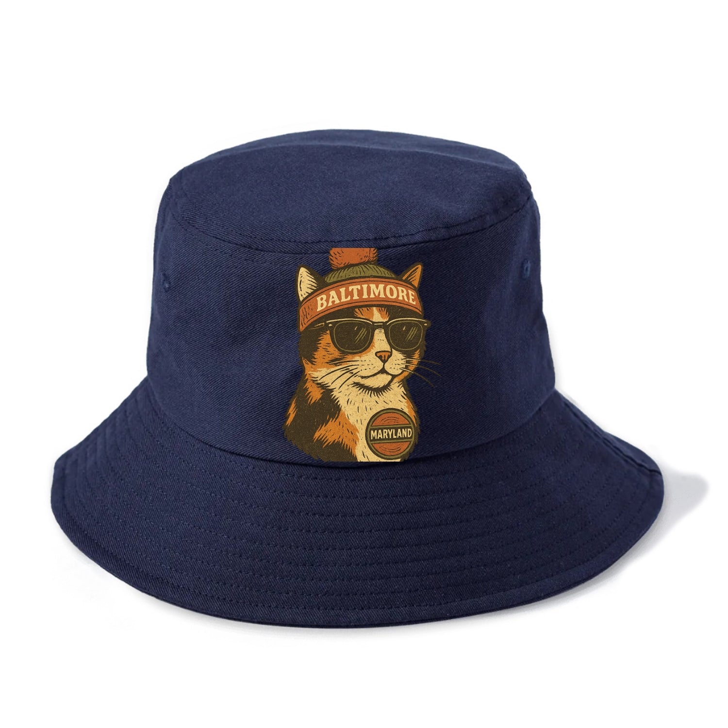 Maryland Calico Cat wearing Baltimore beanie with pom pom and wayfarer sunglasses - Bucket Hat - Twilight Navy(Blue)