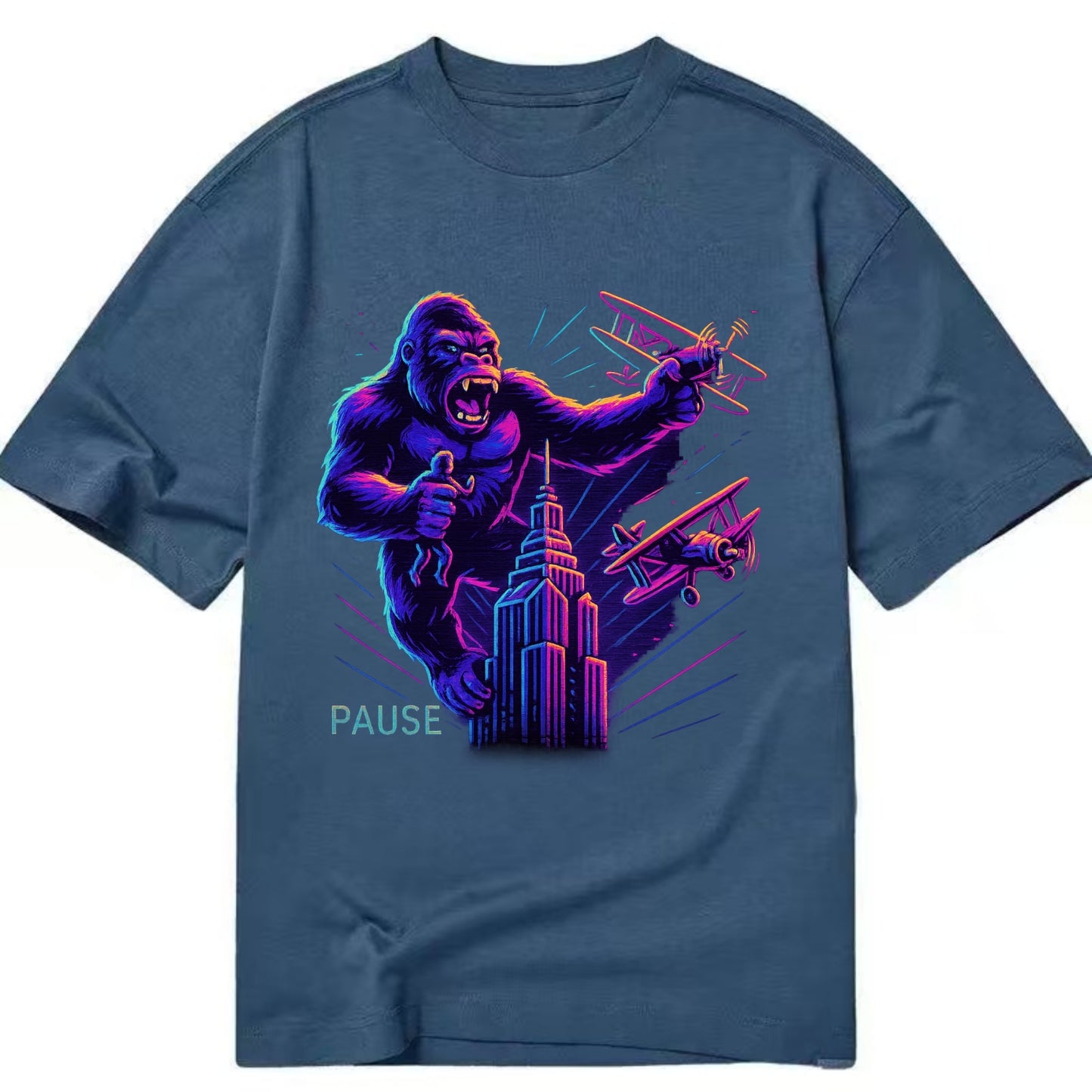 giant gorilla on top of skyscraper holding small figure, swatting planes - Classic T-shirt - Twilight Navy(Blue)