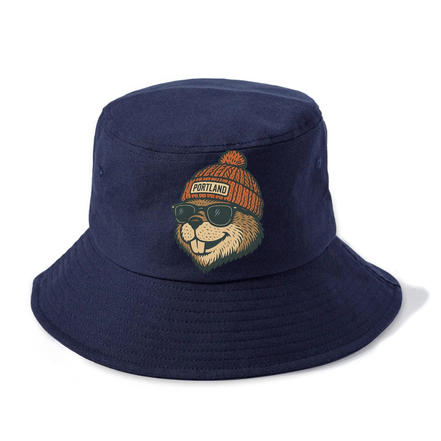 Oregon Beaver wearing Portland beanie with pom pom and wayfarer sunglasses - Bucket Hat - Twilight Navy(Blue)