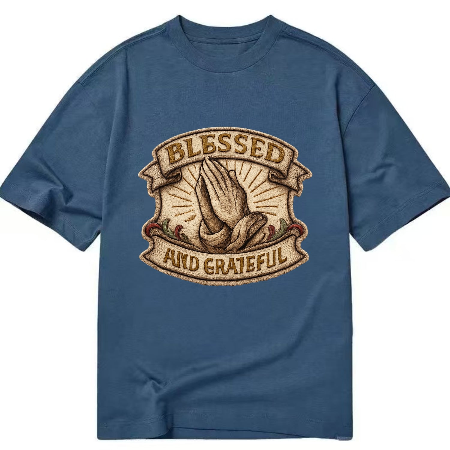 BLESSED AND GRATEFUL - praying hands with text in gold , thankful - Classic T-shirt - Twilight Navy(Blue)