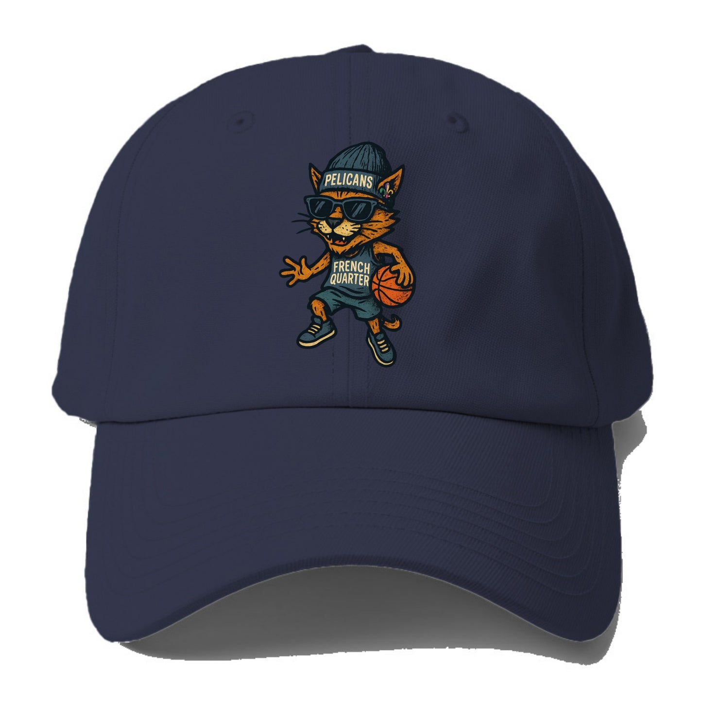 French Quarter Cat wearing Pelicans beanie with Mardi Gras patch and - Baseball Cap For Big Heads - Twilight Navy(Blue)
