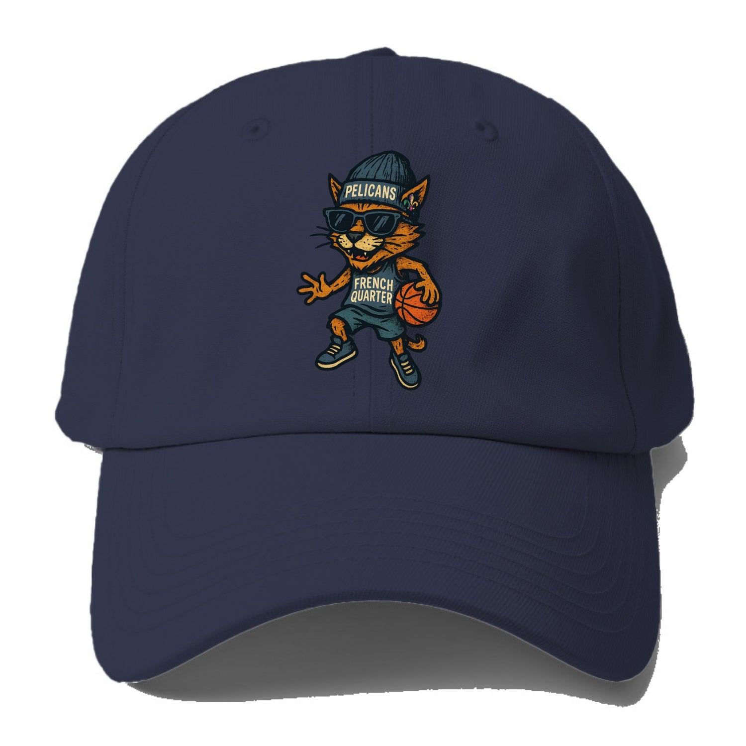 French Quarter Cat wearing Pelicans beanie with Mardi Gras patch and - Baseball Cap For Big Heads - Twilight Navy(Blue)