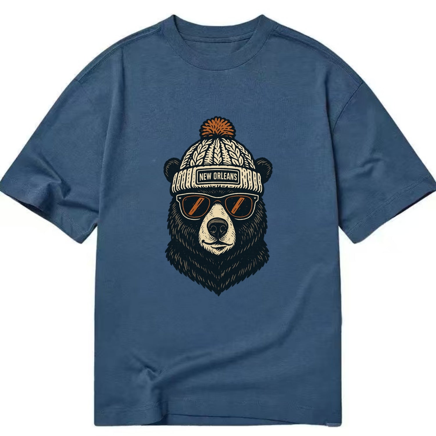 Louisiana Black Bear wearing New Orleans beanie with pom pom and wayfarer - Classic T-shirt - Twilight Navy(Blue)