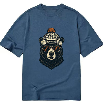 Louisiana Black Bear wearing New Orleans beanie with pom pom and wayfarer - Classic T-shirt - Twilight Navy(Blue)