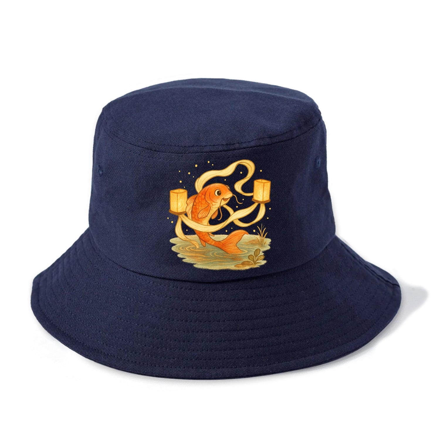 Koi weaving silk streamers through floating lanterns on tranquil water - Bucket Hat - Twilight Navy(Blue)