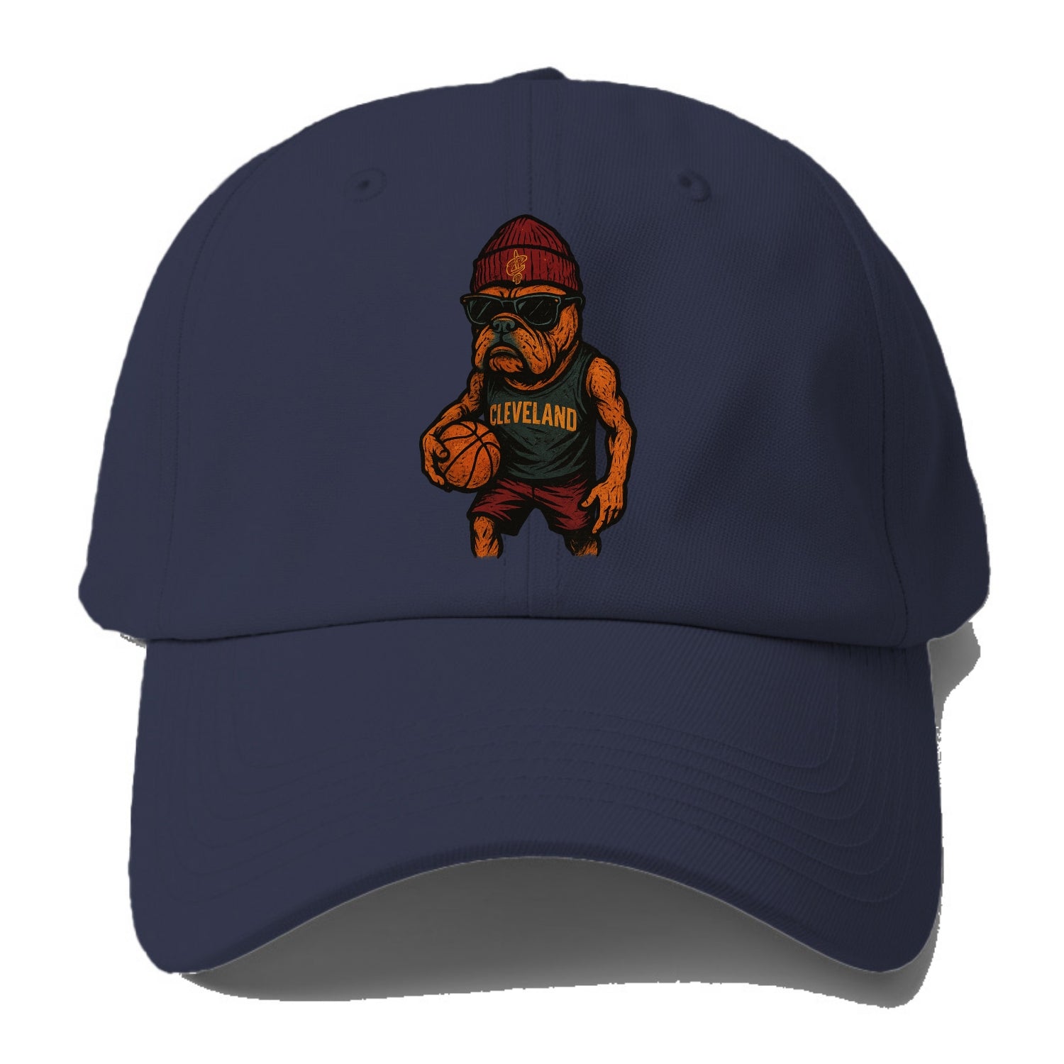 Cleveland Bulldog wearing Cavaliers wine and gold beanie with sword - Baseball Cap For Big Heads - Twilight Navy(Blue)