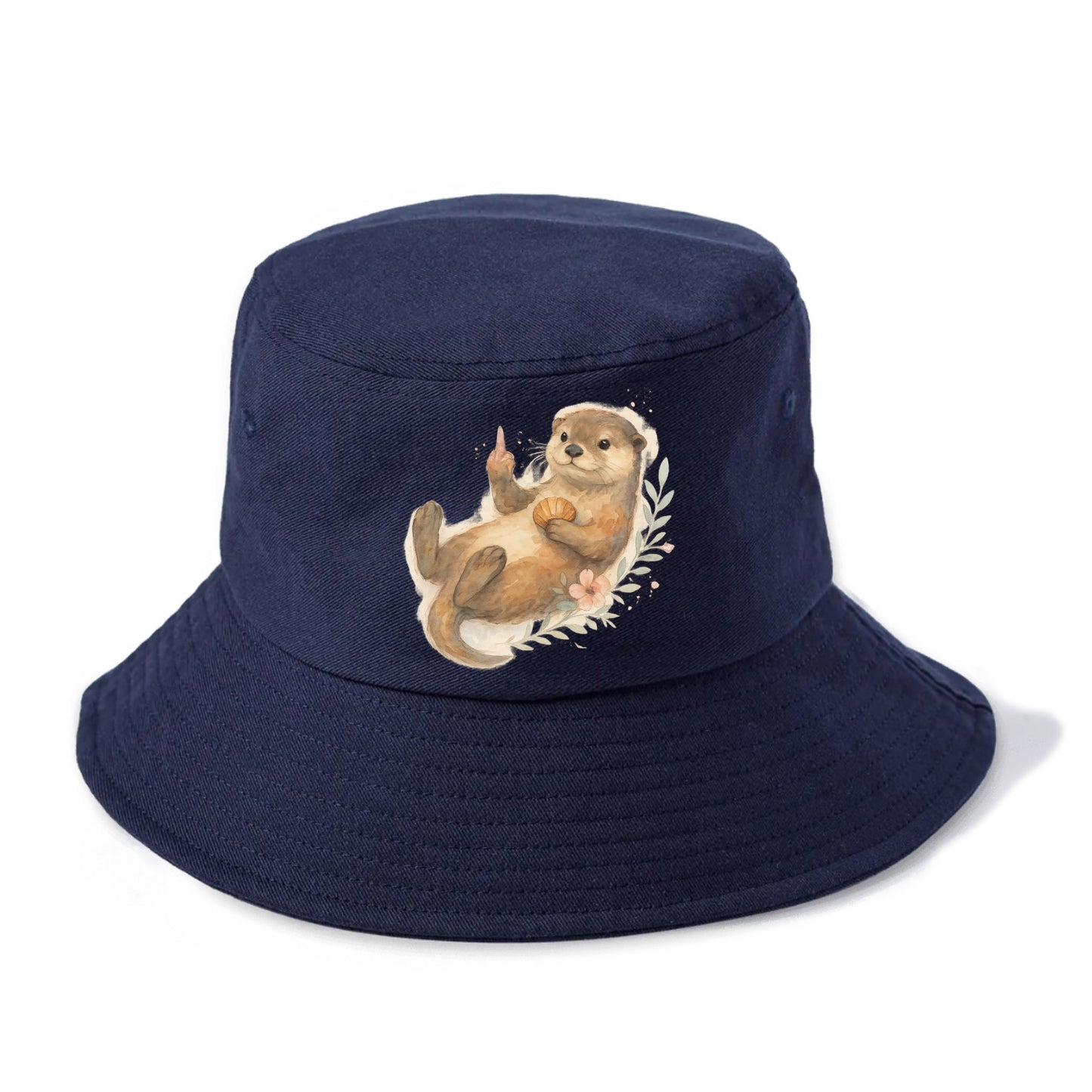 adorable otter floating on back, middle finger up while holding a shellfish - Bucket Hat - Twilight Navy(Blue)