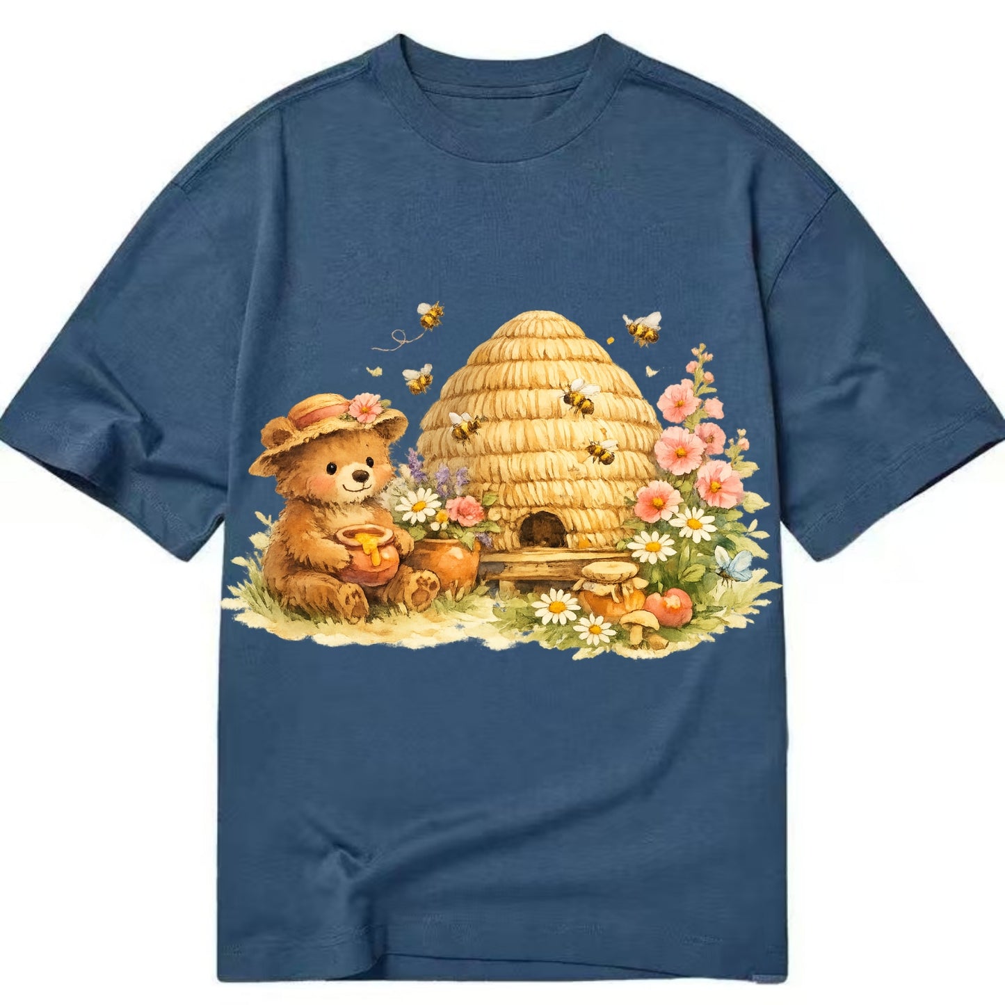 SKEP HIVE | Traditional straw beehive | Cottage garden setting | Buzzing activity - Classic T-shirt - Twilight Navy(Blue)
