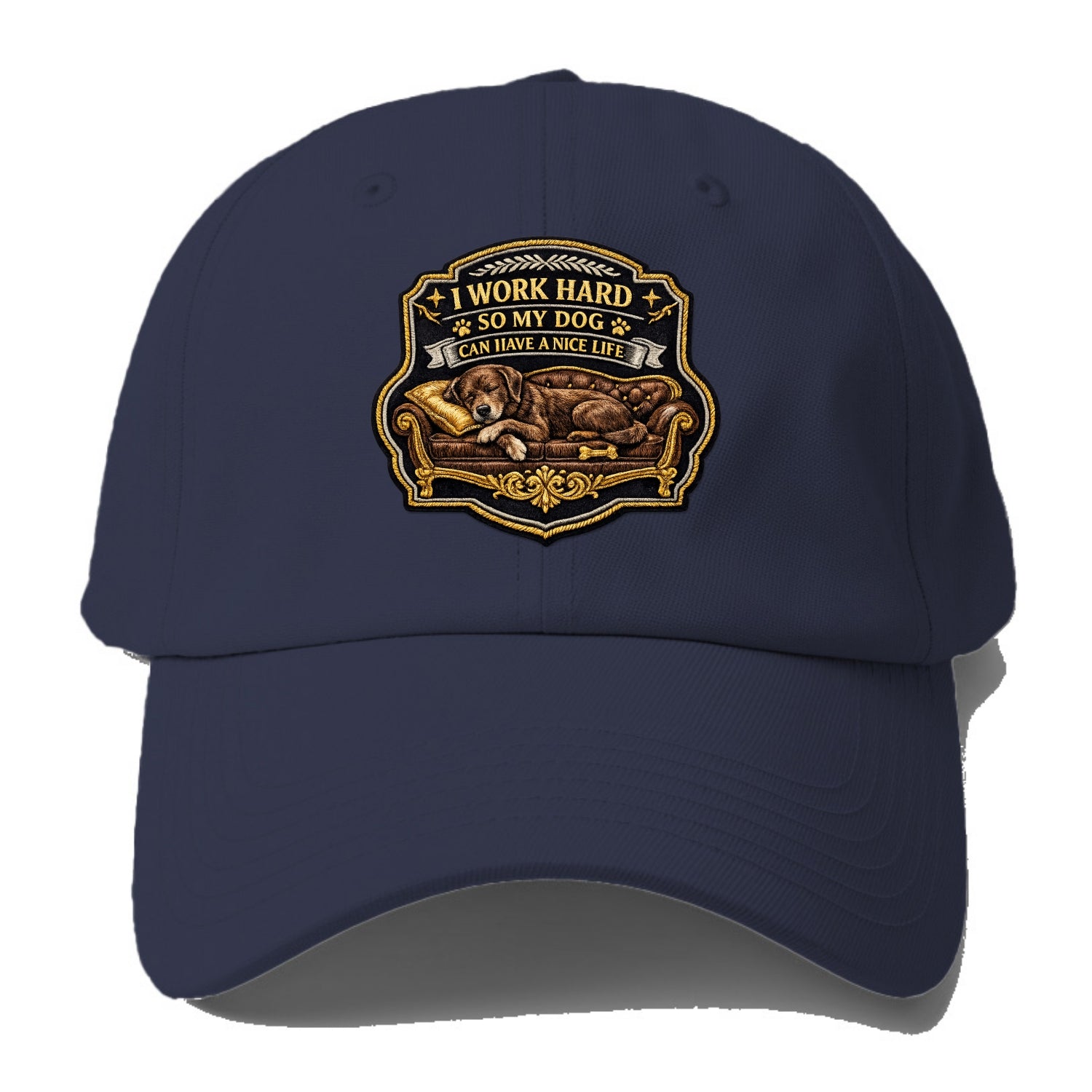 I WORK HARD SO MY DOG CAN HAVE A NICE LIFE - dog on couch in brown , pet luxury - Baseball Cap - Twilight Navy(Blue)