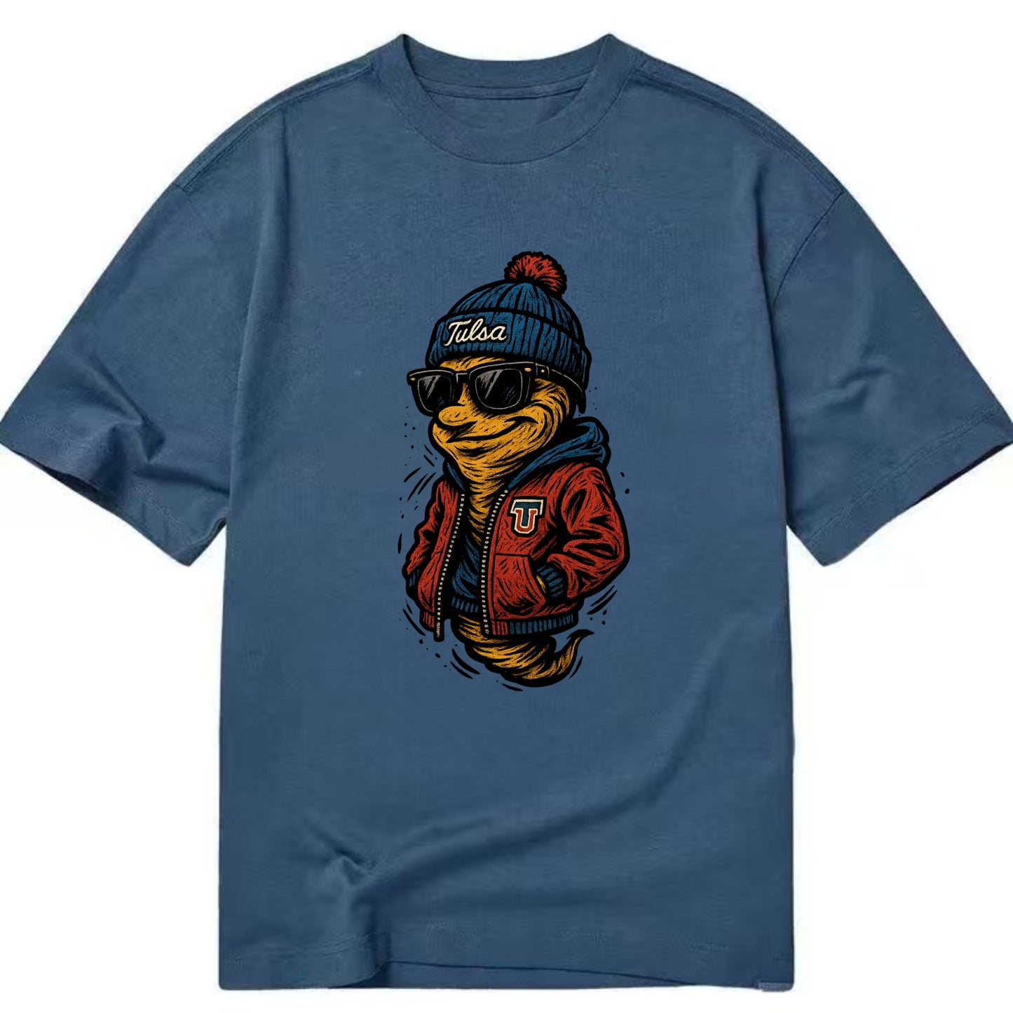 Tulsa Hurricane wearing Tulsa beanie with TU patch - Classic T-shirt - Twilight Navy(Blue)
