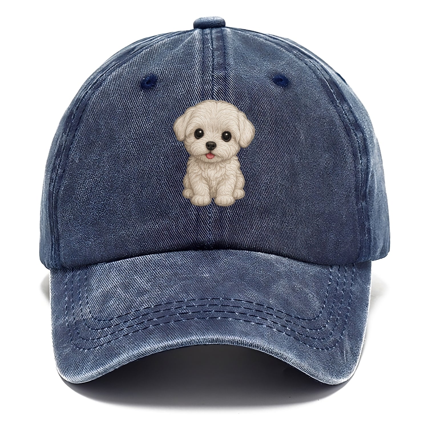Baby Maltese Puppy - pure white silky coat, black button eyes, tiny nose, - Classic Cap - Twilight Navy(Blue)