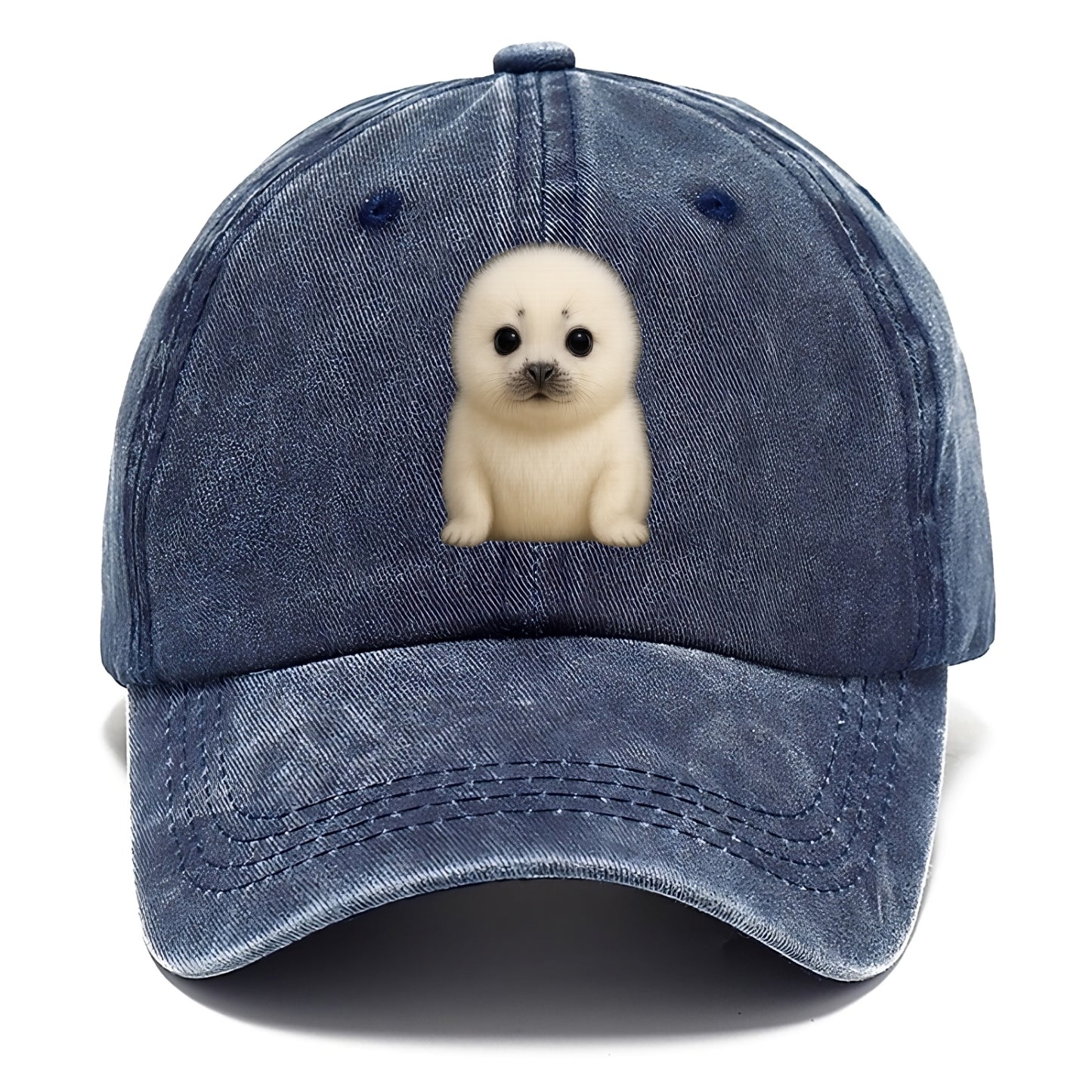 Baby Harp Seal - pure white fluffy fur, enormous dark eyes, front-facing, iconic cute - Classic Cap - Twilight Navy(Blue)