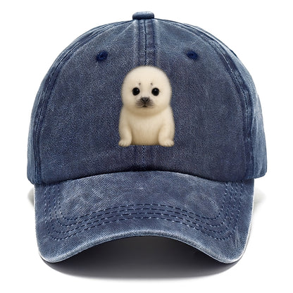 Baby Harp Seal - pure white fluffy fur, enormous dark eyes, front-facing, iconic cute - Classic Cap - Twilight Navy(Blue)