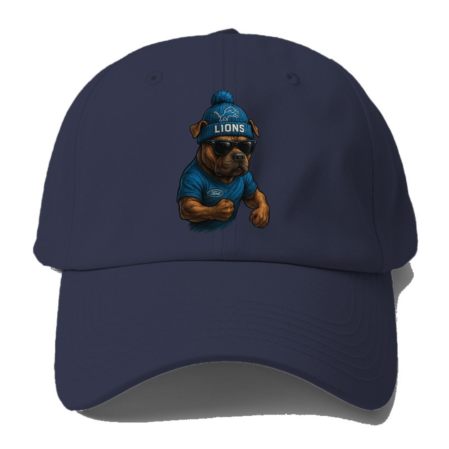 Detroit Pitbull wearing Lions beanie with auto patch and wayfarer - Baseball Cap For Big Heads - Twilight Navy(Blue)