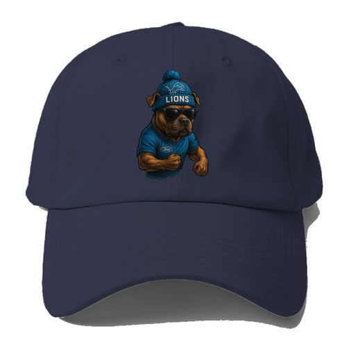 Detroit Pitbull wearing Lions beanie with auto patch and wayfarer - Baseball Cap For Big Heads