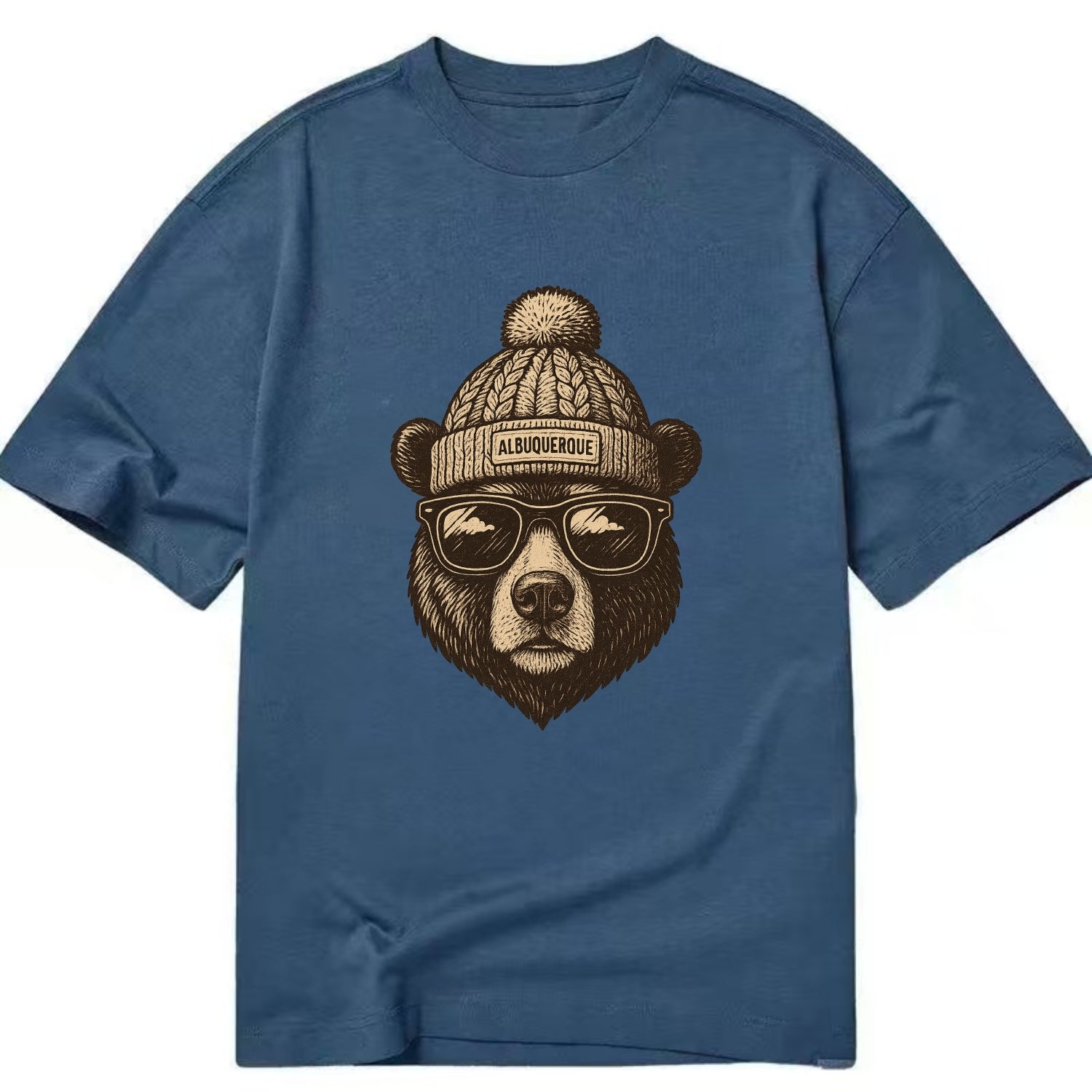 New Mexico Black Bear wearing Albuquerque beanie with pom pom and wayfarer - Classic T-shirt - Twilight Navy(Blue)