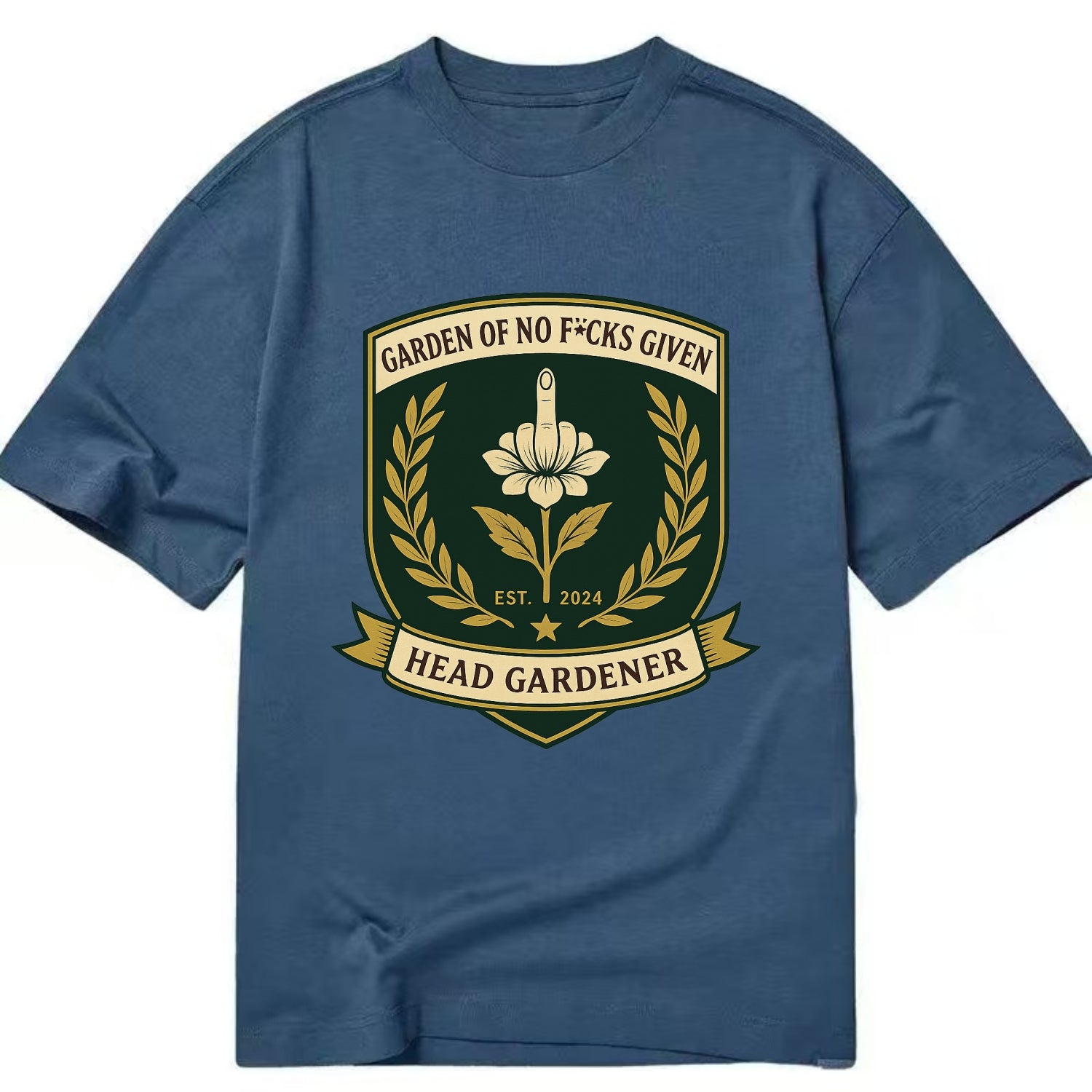 Shield with middle finger flower - "Garden of No F*cks Given - Head Gardener" - - Classic T-shirt - Twilight Navy(Blue)