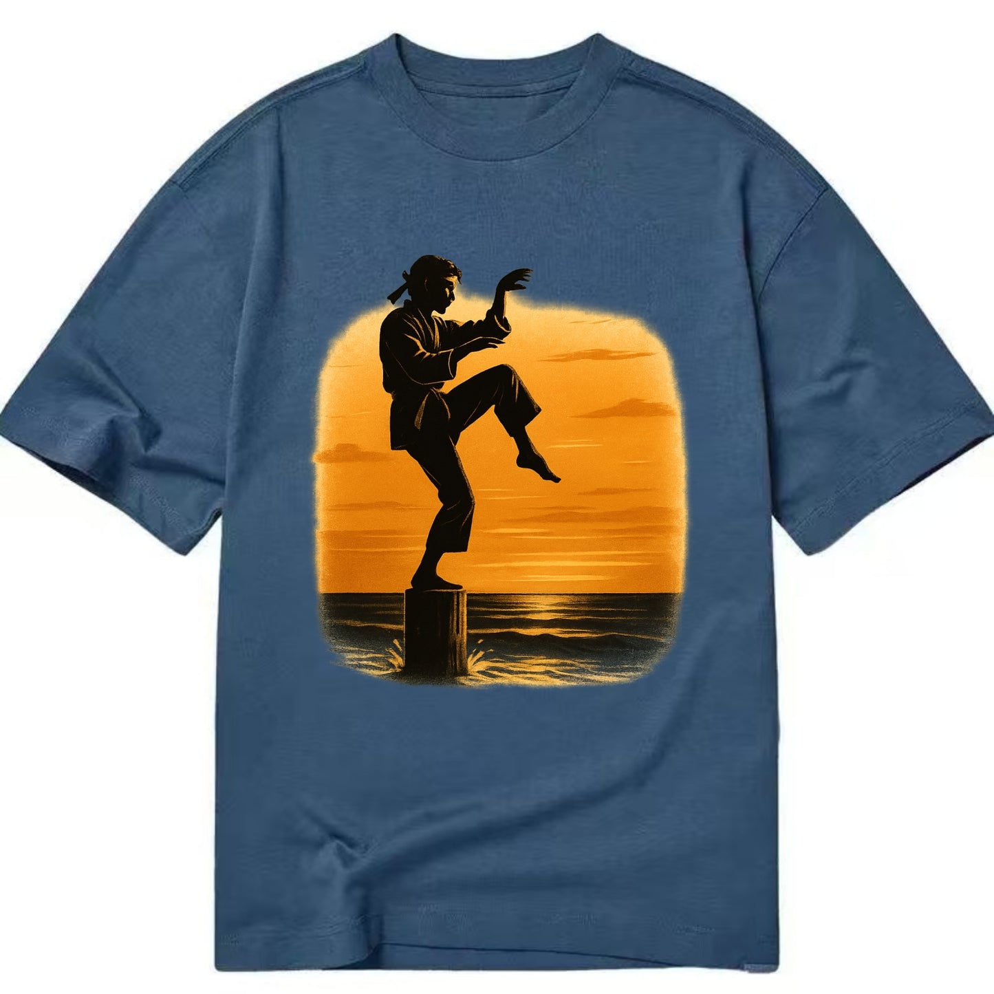 karate crane kick pose on wooden post at beach sunset - Classic T-shirt - Twilight Navy(Blue)
