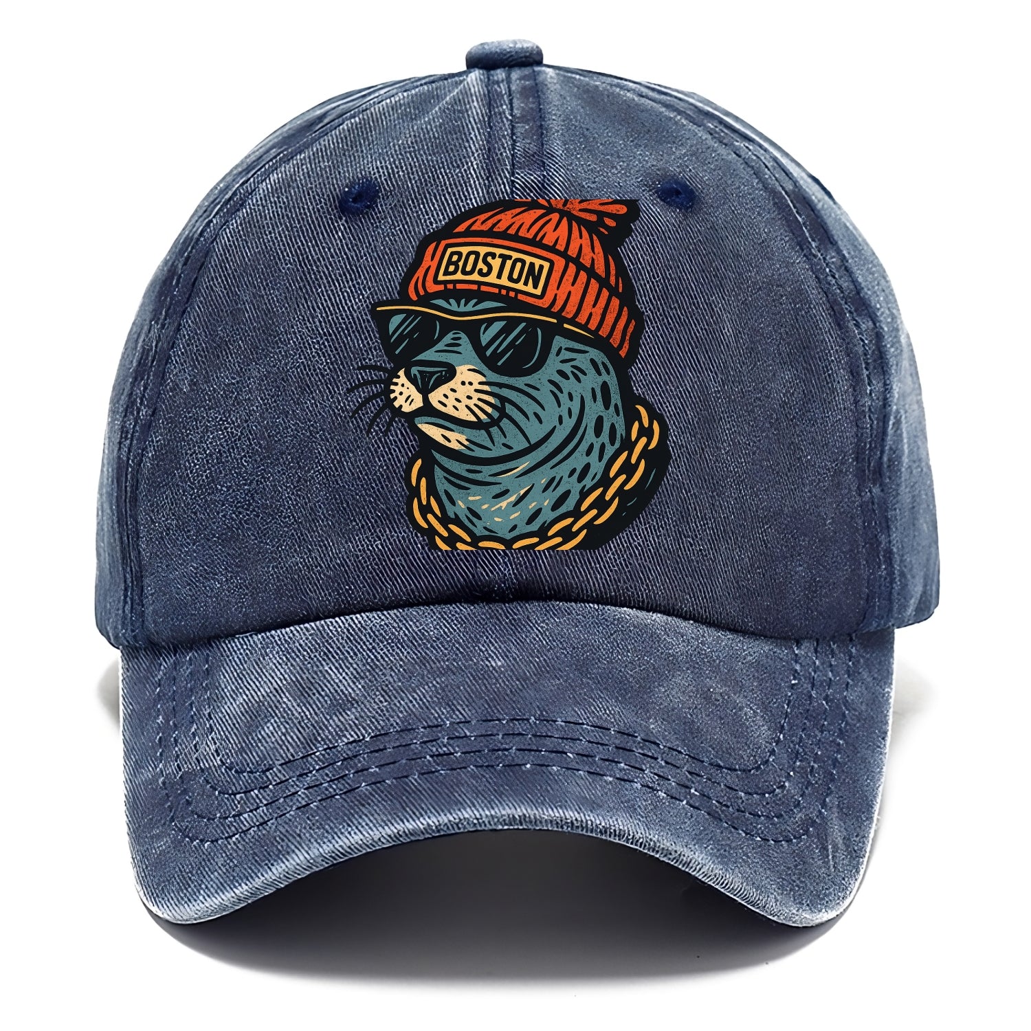 Boston Harbor Seal wearing Boston beanie with pom pom and wayfarer sunglasses - Classic Cap - Twilight Navy(Blue)