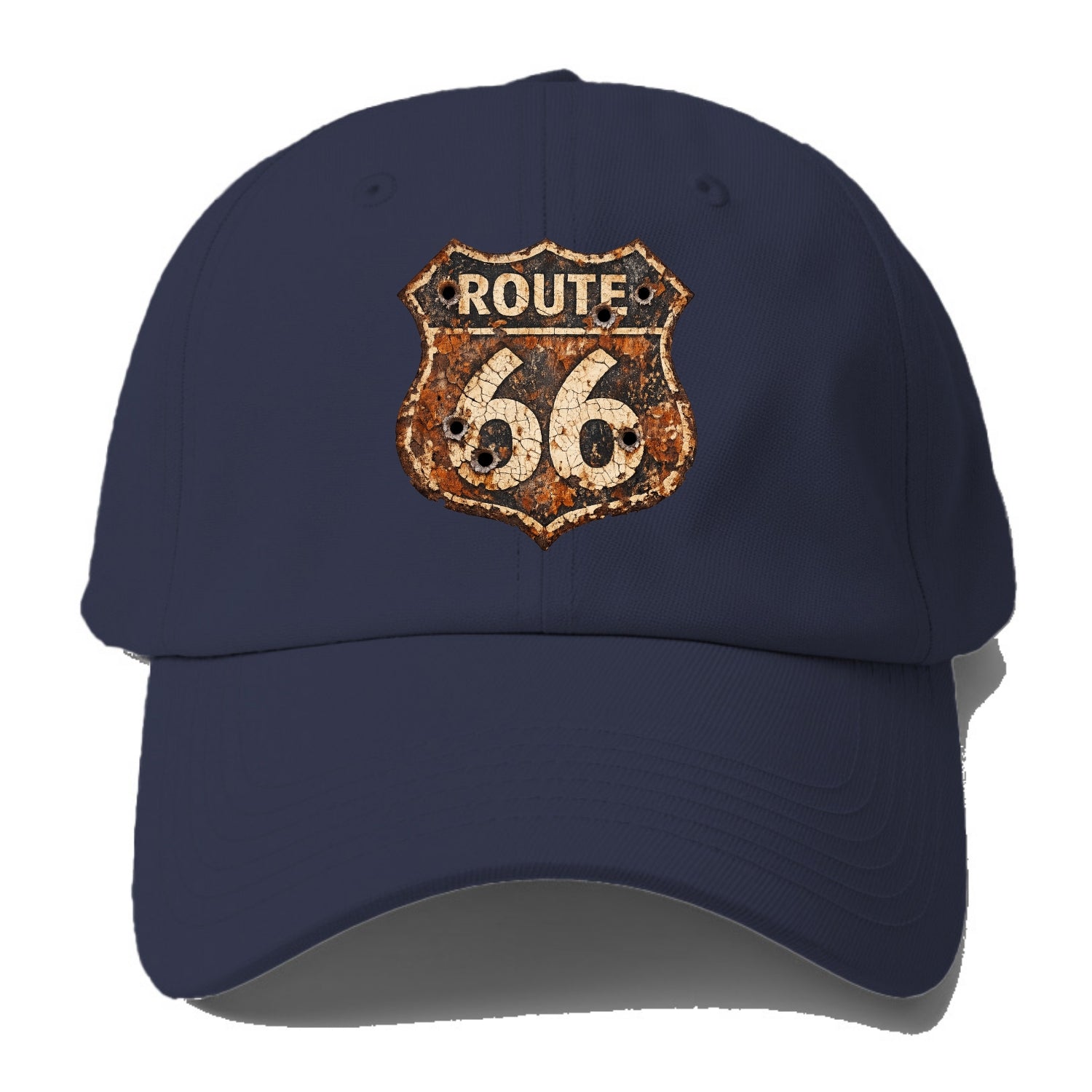 WEATHERED MARKER | Rust-aged Route 66 sign | Desert sun-bleached | Bullet holes - Baseball Cap - Twilight Navy(Blue)