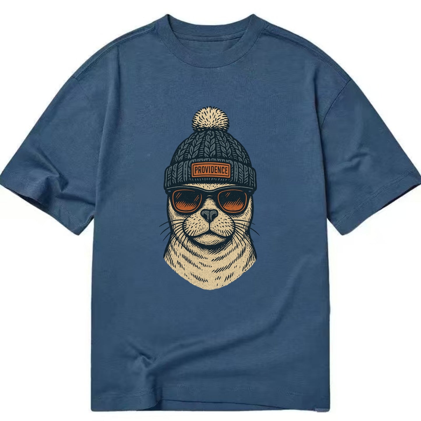 Rhode Island Harbor Seal wearing Providence beanie with pom pom and wayfarer - Classic T-shirt - Twilight Navy(Blue)