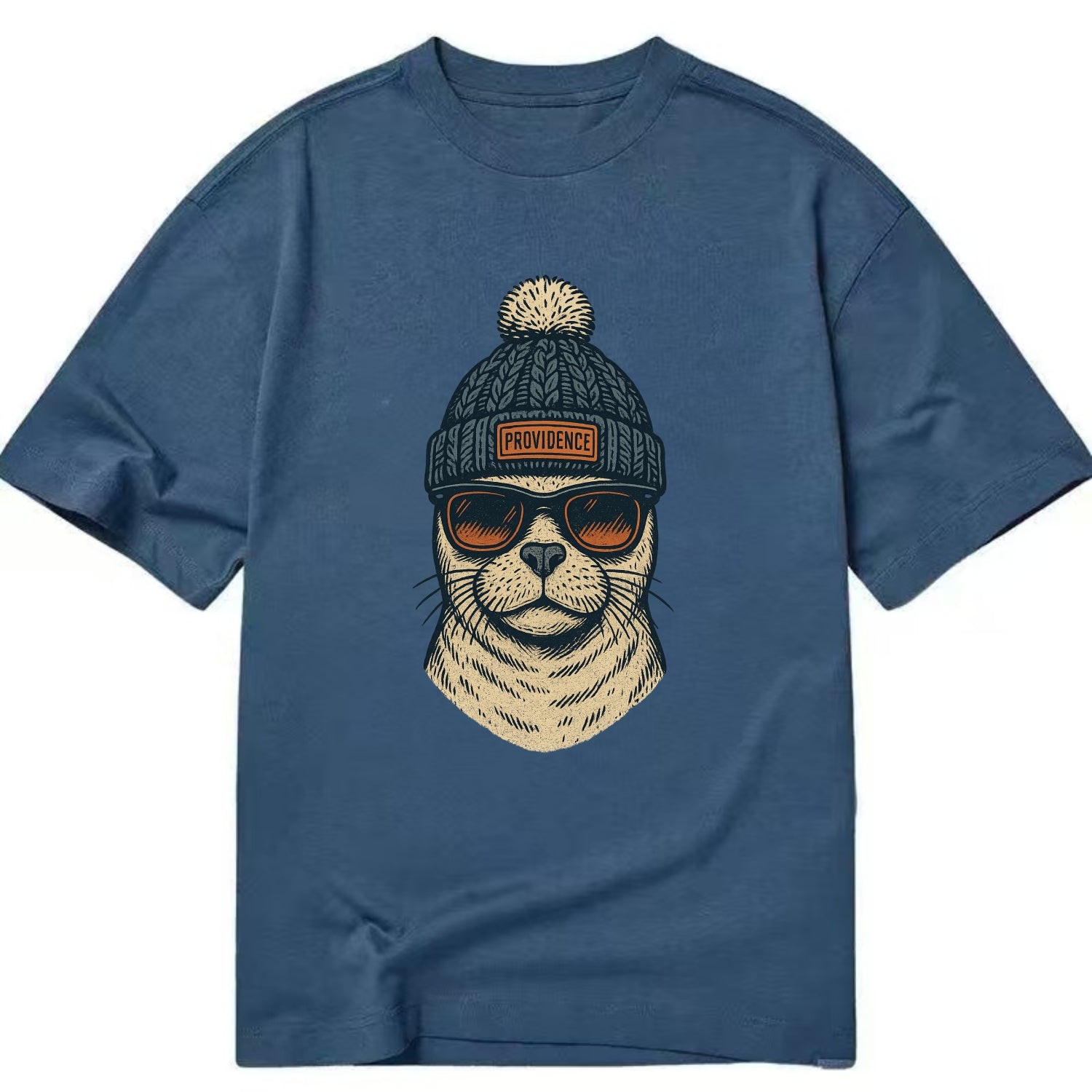 Rhode Island Harbor Seal wearing Providence beanie with pom pom and wayfarer - Classic T-shirt - Twilight Navy(Blue)