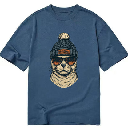 Rhode Island Harbor Seal wearing Providence beanie with pom pom and wayfarer - Classic T-shirt - Twilight Navy(Blue)