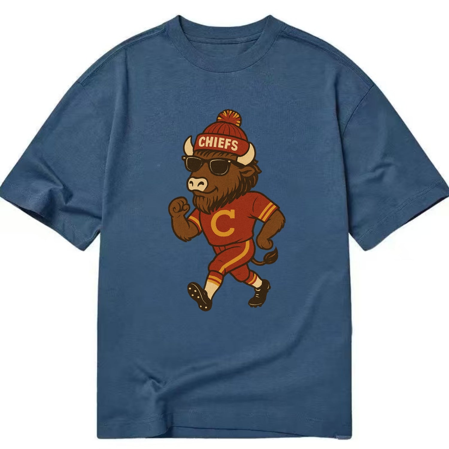 KC Bison wearing Chiefs beanie with arrowhead patch and wayfarer sunglasses - Classic T-shirt - Twilight Navy(Blue)