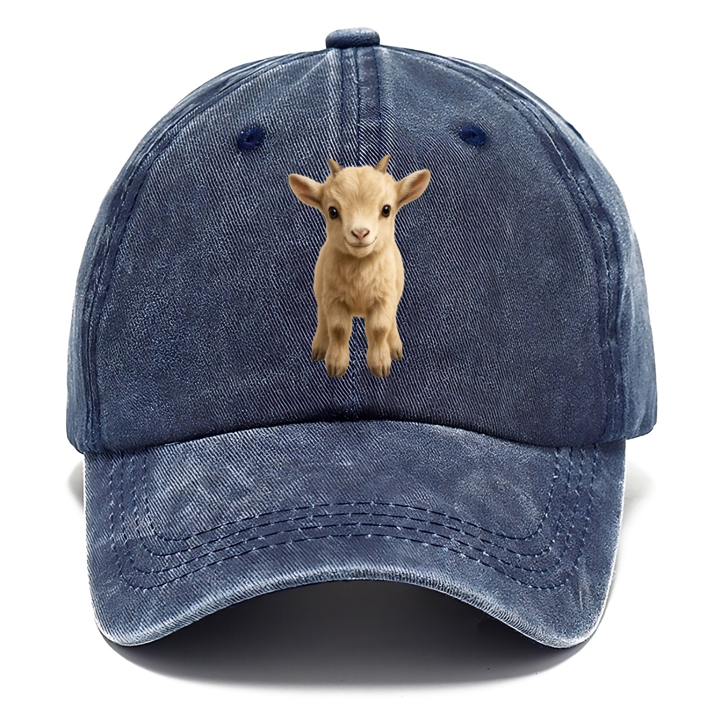 Baby Goat Kid - small horns, rectangular pupils, fluffy, playful eyes, front-facing, - Classic Cap - Twilight Navy(Blue)