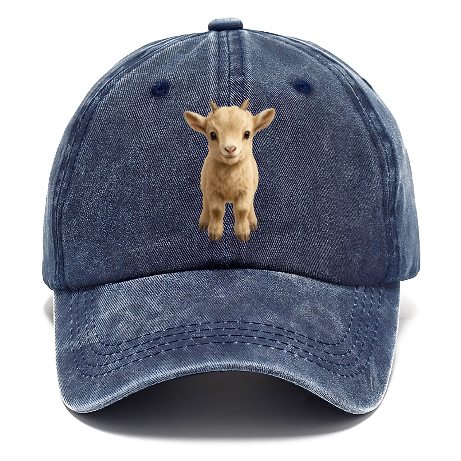 Baby Goat Kid - small horns, rectangular pupils, fluffy, playful eyes, front-facing, - Classic Cap - Twilight Navy(Blue)