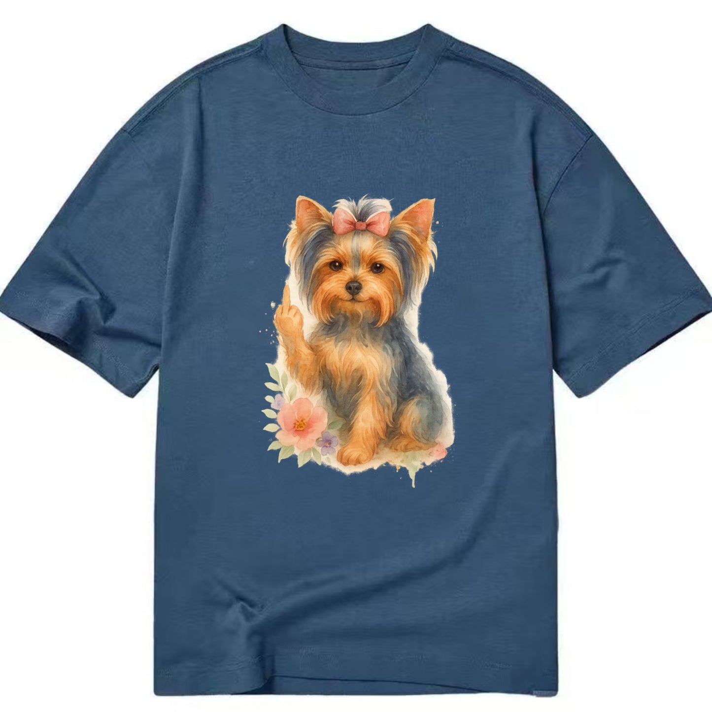 Yorkshire Terrier with topknot bow, one delicate paw flipping off - Classic T-shirt - Twilight Navy(Blue)