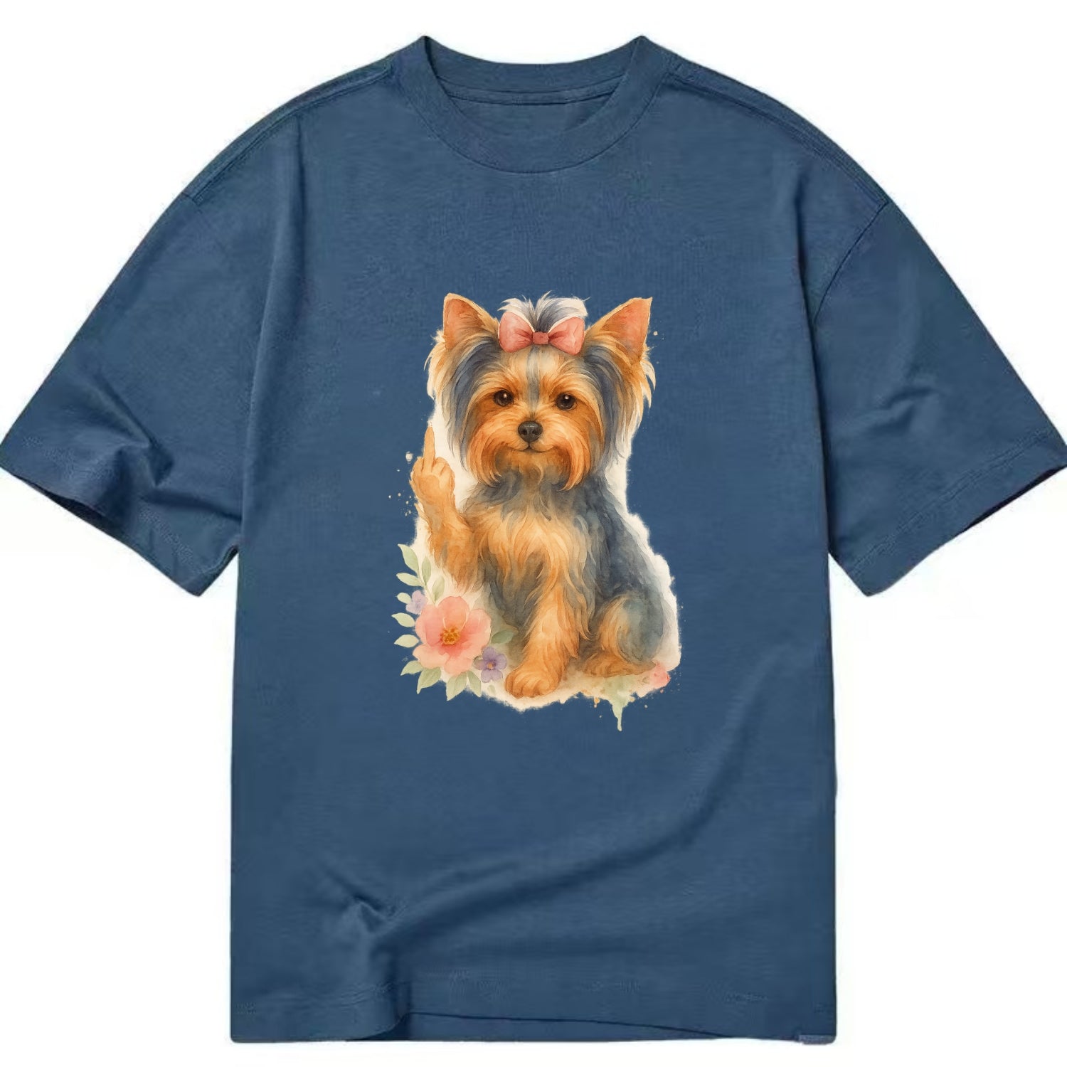 Yorkshire Terrier with topknot bow, one delicate paw flipping off - Classic T-shirt - Twilight Navy(Blue)