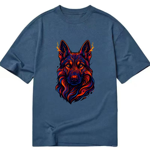 Alert German Shepherd with cyber circuit patterns in the fur, neon orange and - Classic T-shirt